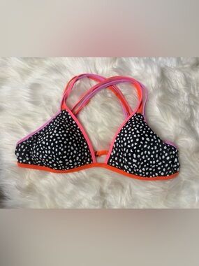 Women’s Black & White Spot Triangle Swim Top with Neon Trim